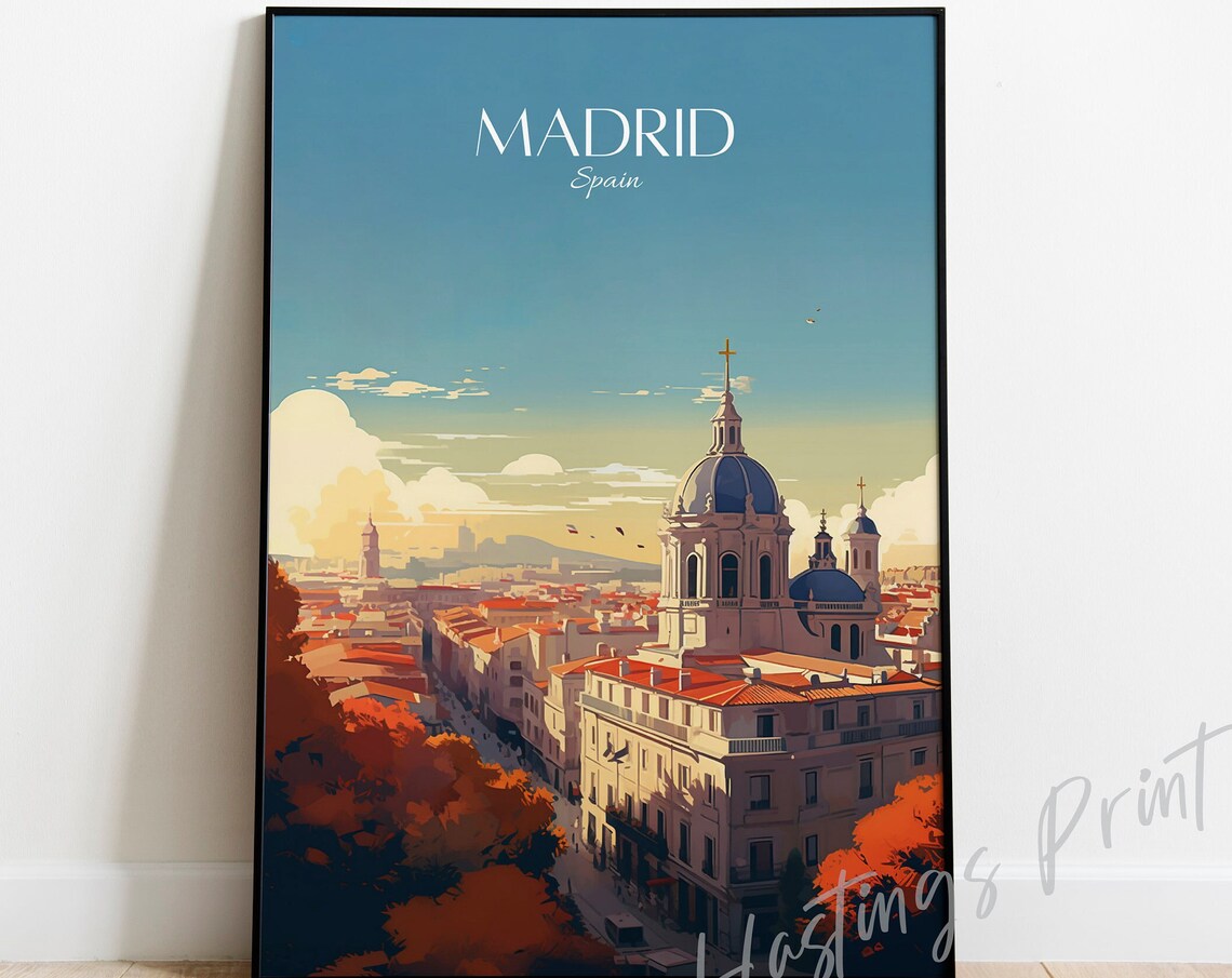 Madrid Spain Cathedral Domes Golden Sunset Retro Travel Art Poster