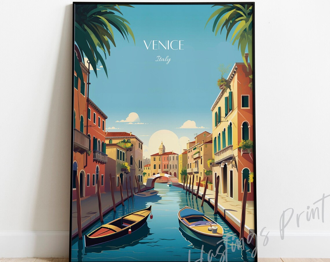 Venice Italy Travel Poster Canal Boats Historic Waterfront View