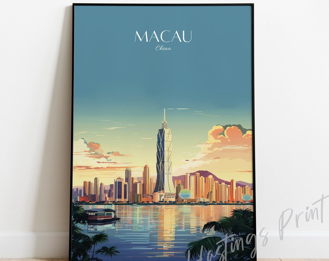 Macau China Sunset Skyline Glowing Waterfront Travel Poster Art