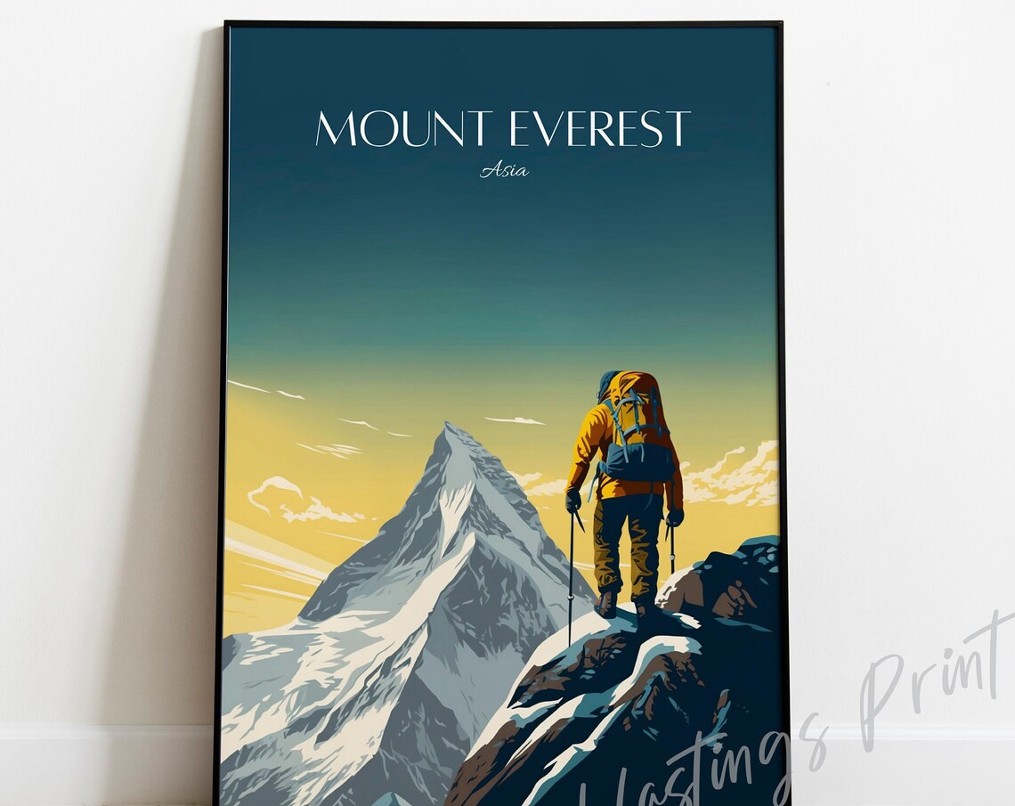 Mount Everest Asia Summit Climber Ridge Vintage Travel Poster
