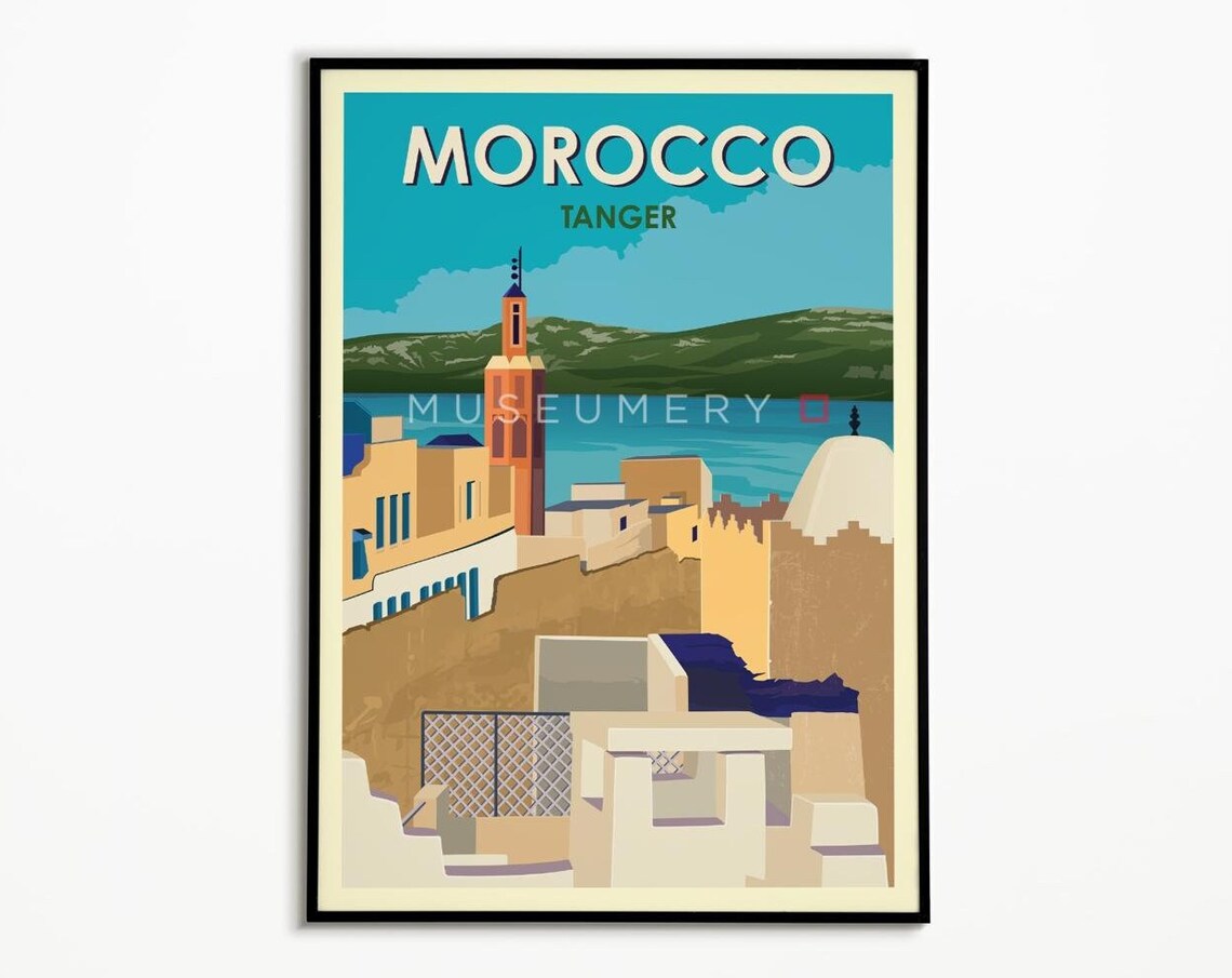 Tangier Morocco Seaside Kasbah Minaret Vintage Travel Poster