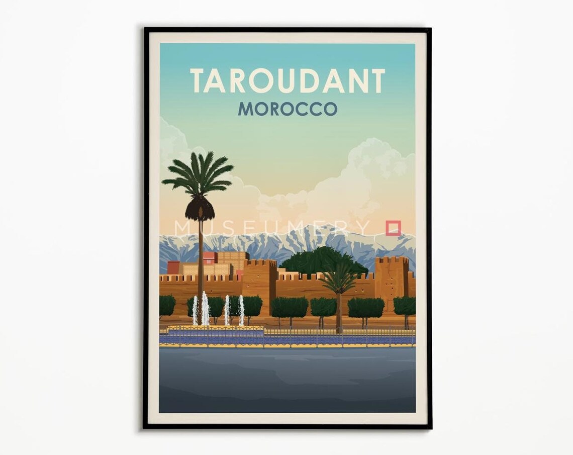 Taroudant Morocco Vintage Travel Poster Ramparts Palm Fountain