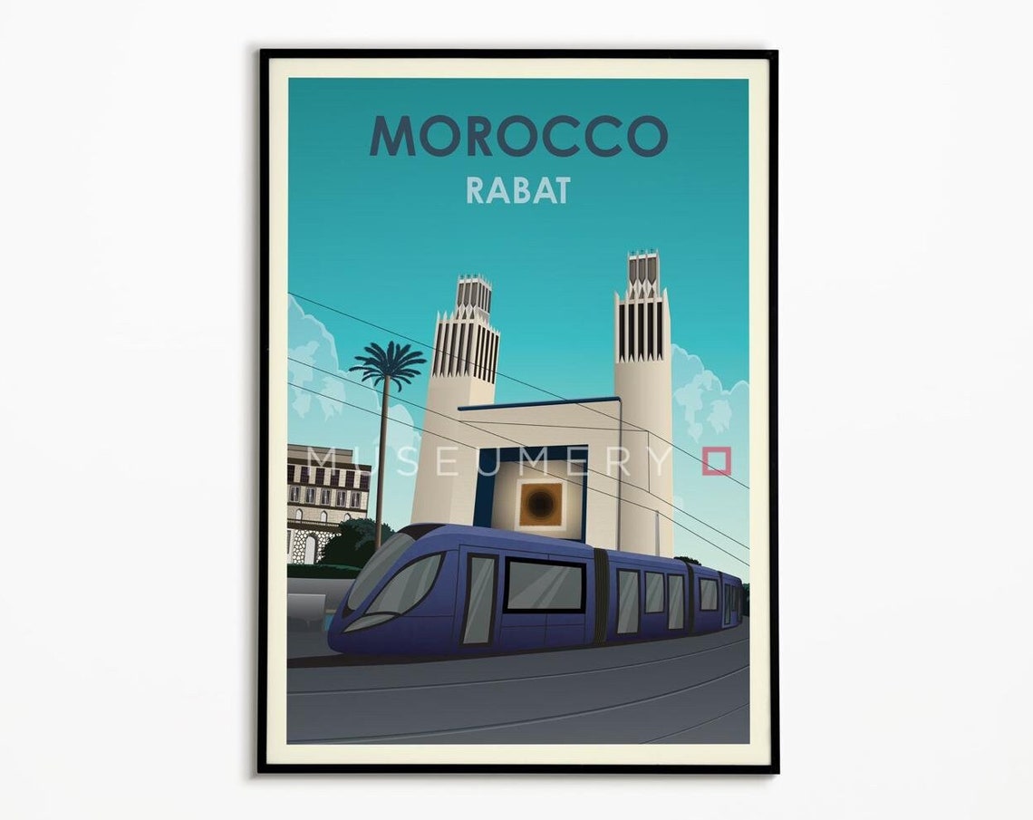 Rabat Morocco Tram Vintage Travel Poster Modern Towers Scene