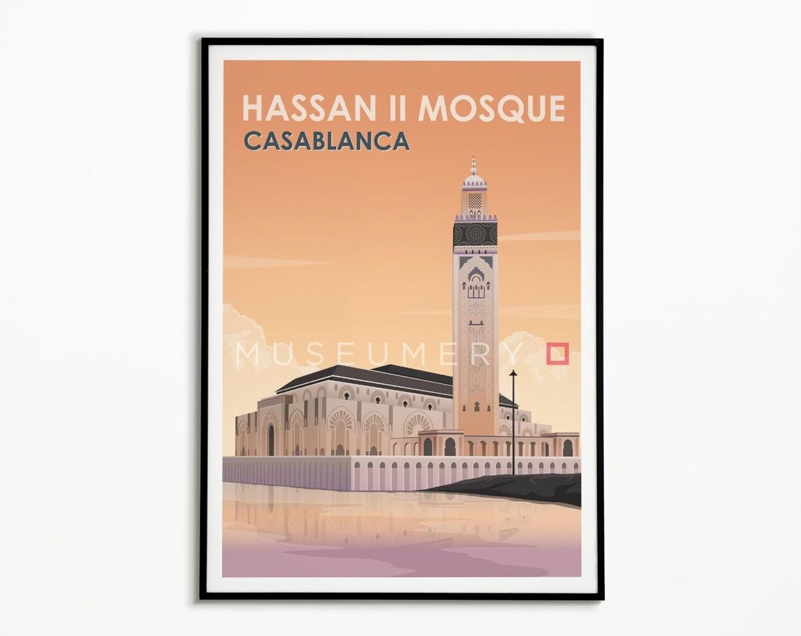 Casablanca Morocco Hassan II Mosque Sunset Travel Poster Art