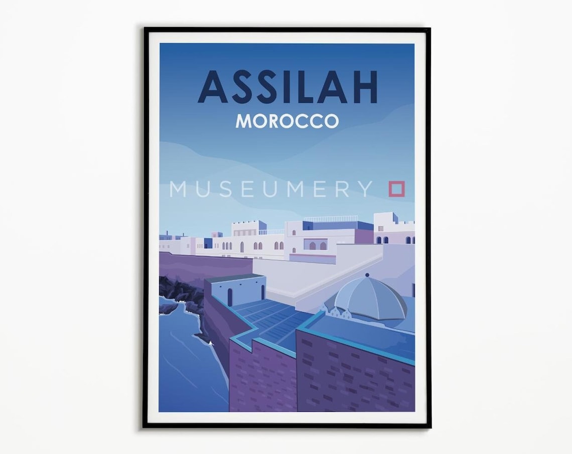 Assilah Morocco Vintage Travel Poster Blue White Coastal Town