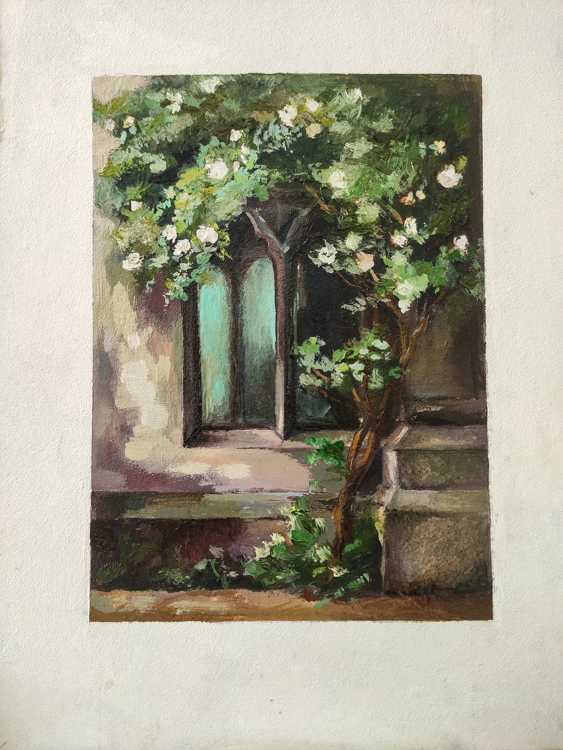 Old Gothic Window Overgrown with White Roses Moody Art Poster