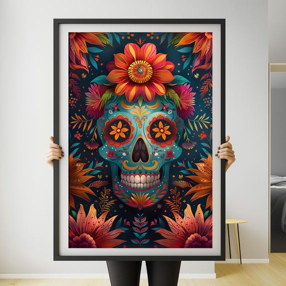 Muerto Day Of The Dead Poster Colorful Skull Illustration Wall Art Print Home Decor