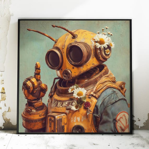 Just A Sec Comic Style Print Art Wall Home Decor Graphic Novel Robot Illustration