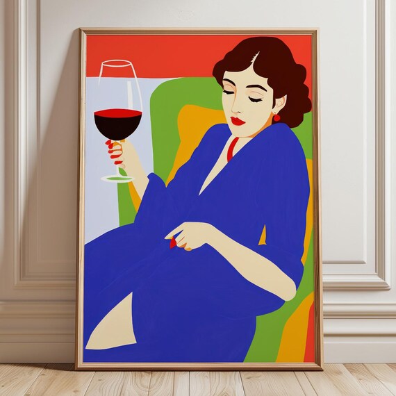 Woman With Wine Art Print Matisse Style Wall Alex Katz Inspired Poster Bold Color Portrait Decor Gallery