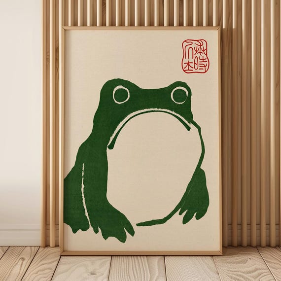 Japanese Green Frog Wall Art Print Vintage Hoji Kaeru Woodblock Style Edoera Ukiyoe Minimalist 1800s Zen Toad Decor
