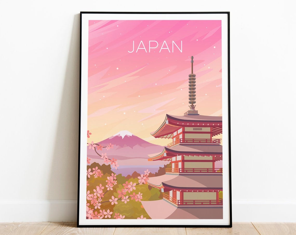 Mount Fuji Red Pagoda Cherry Blossom Sunset Japan Travel Poster