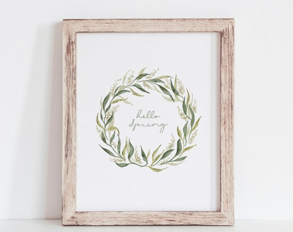 Hello Spring Botanical Wreath Watercolor Art Print