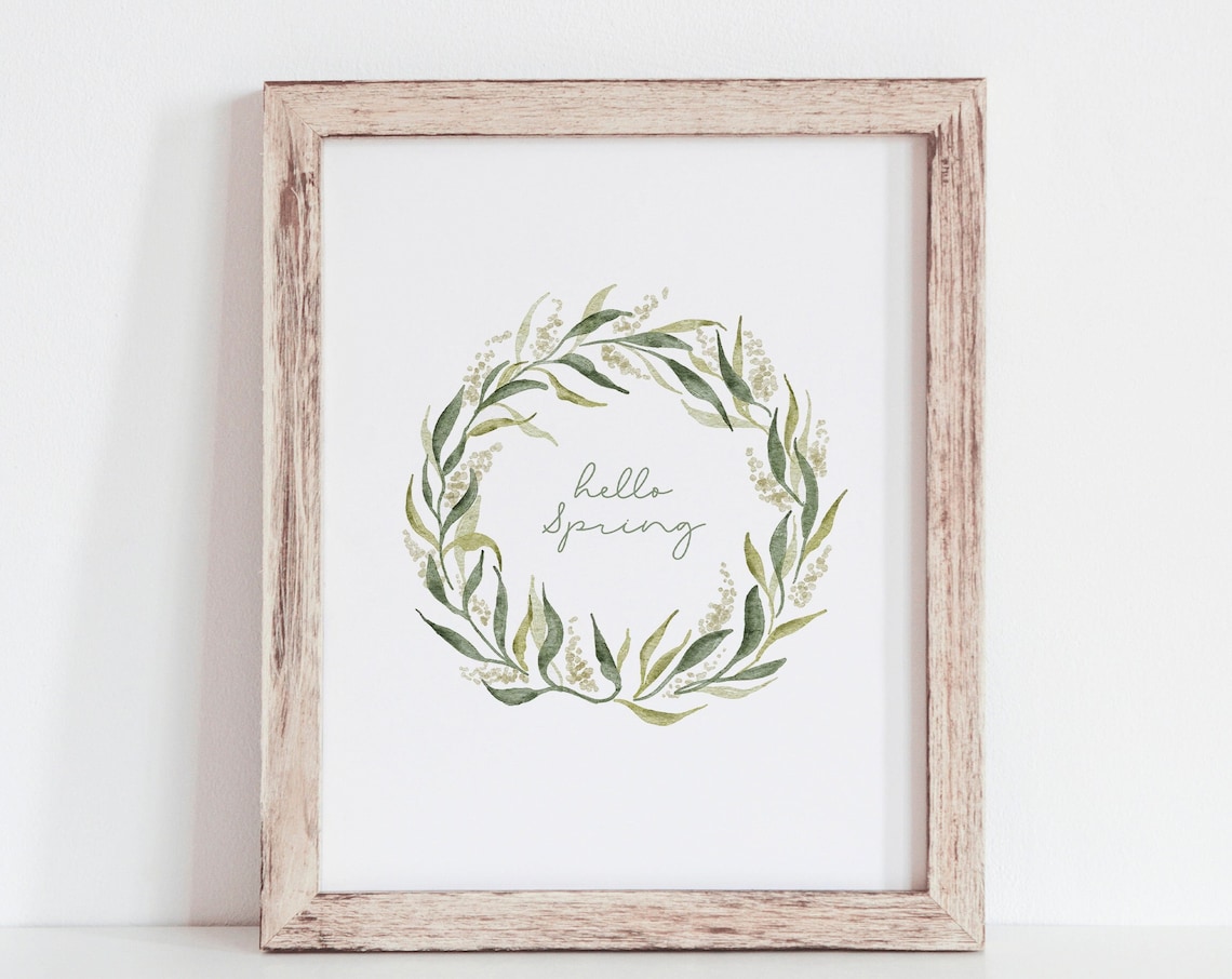Hello Spring Botanical Wreath Watercolor Art Print