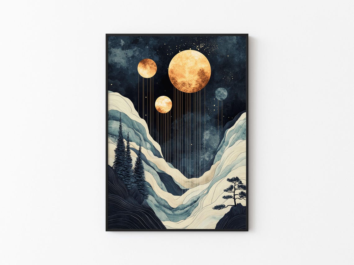 Four Golden Moons Evergreen Valley Night Sky Pines Poster Art - Image 3