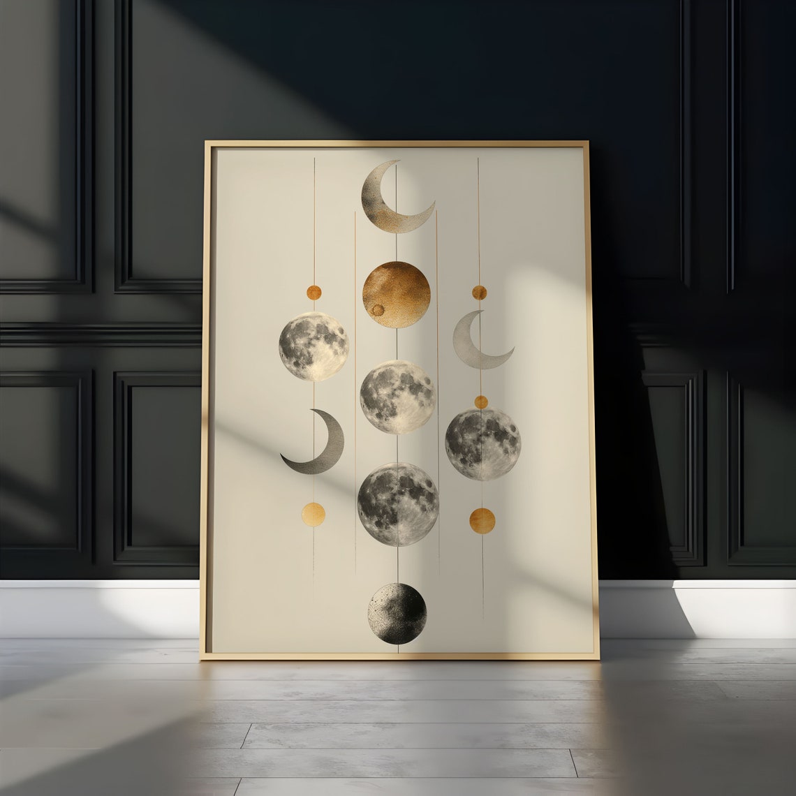 Abstract Hanging Moon Phases Mobile Gray Gold Watercolor Art Print - Image 3