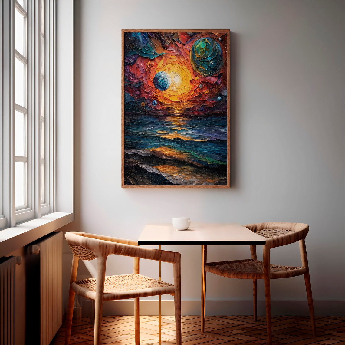 Fiery Orange Vortex Blue Green Planets Dark Ocean Art Poster - Image 3