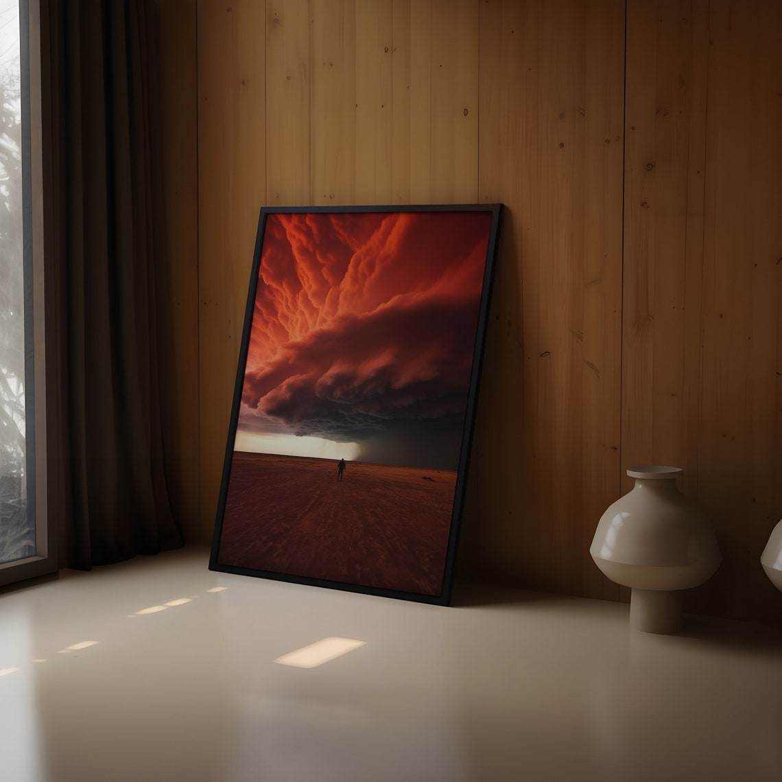 Lone Figure in Red Desert Under Vast Crimson Shelf Cloud Poster - Image 2