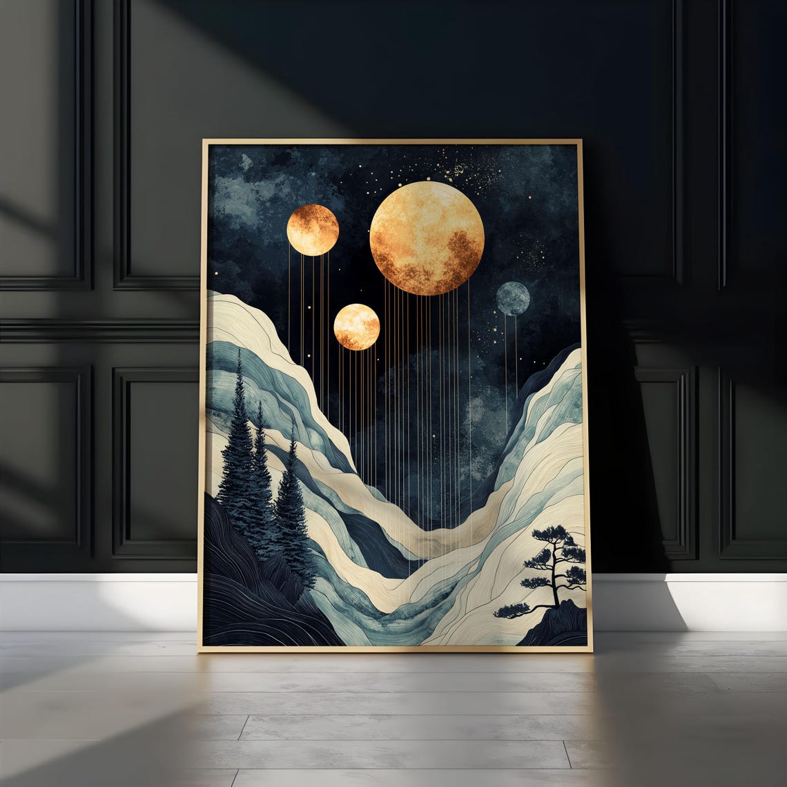Four Golden Moons Evergreen Valley Night Sky Pines Poster Art