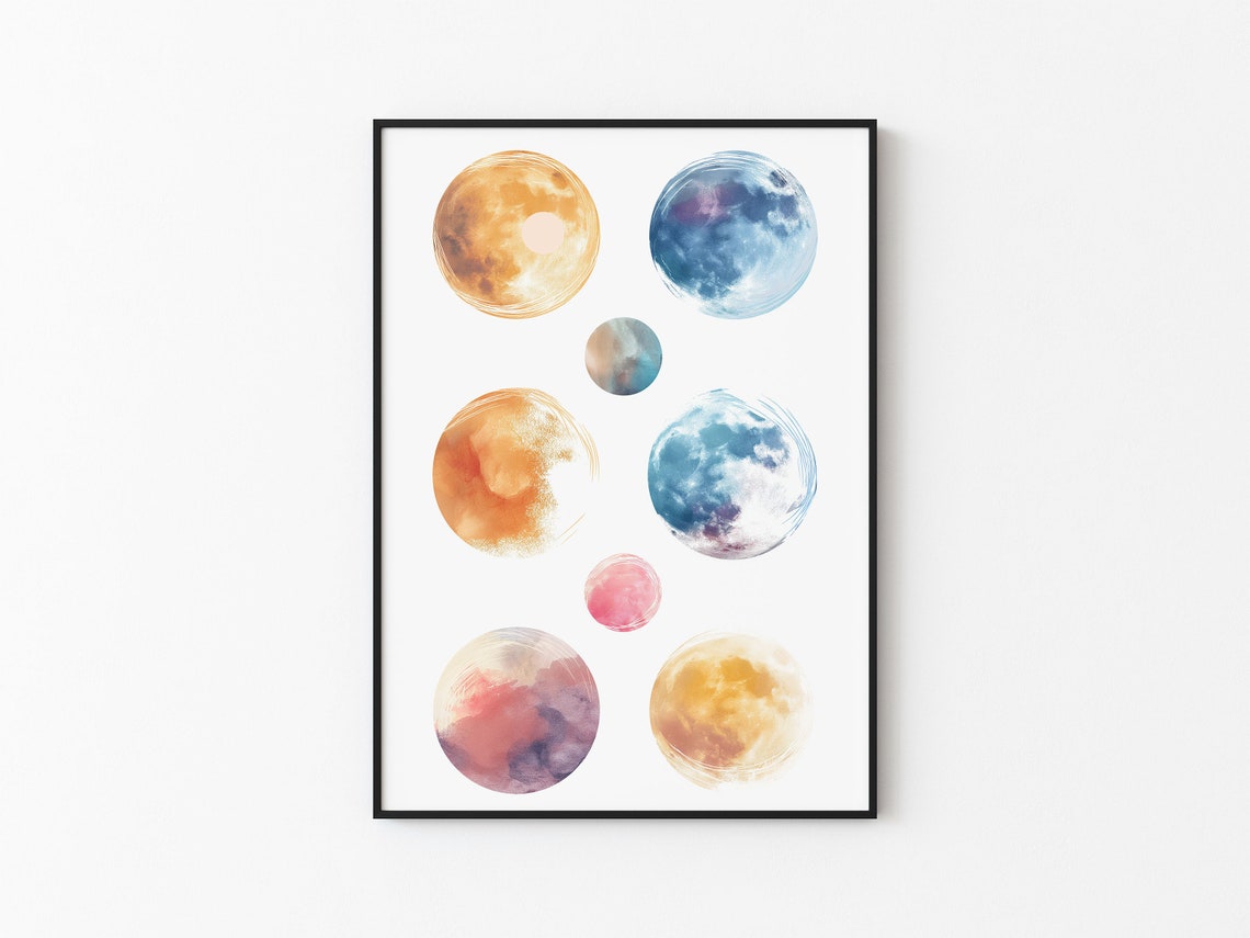 Abstract Watercolor Planet Study Six Textured Orbs White Art Print