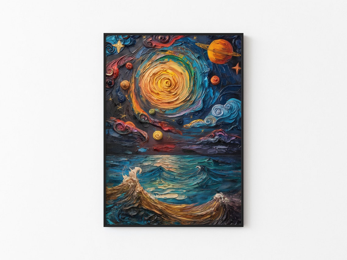 Spiral Sun Planets Ocean Waves Starry Impasto Night Art Poster