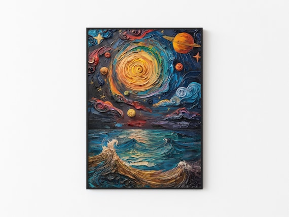 Spiral Sun Planets Ocean Waves Starry Impasto Night Art Poster