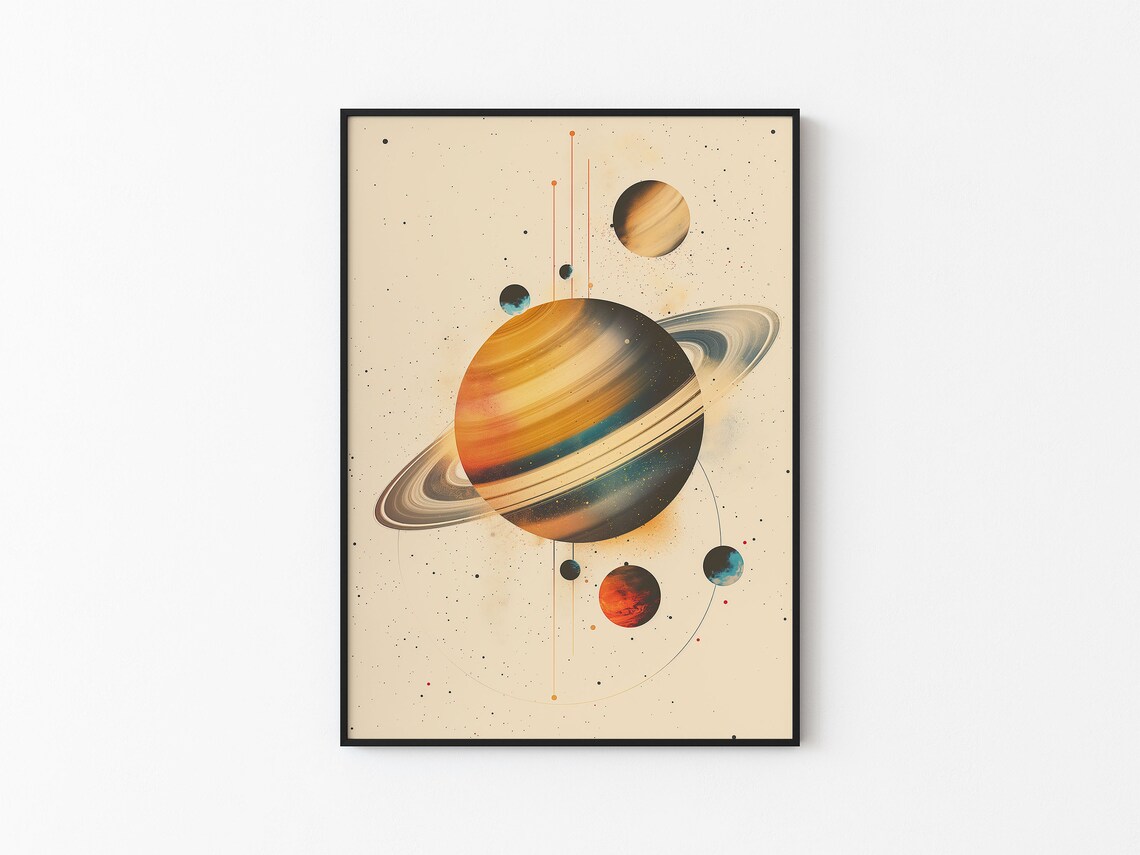 Abstract Beige Striped Saturn Dark Bands Gray Ring Watercolor Art Print
