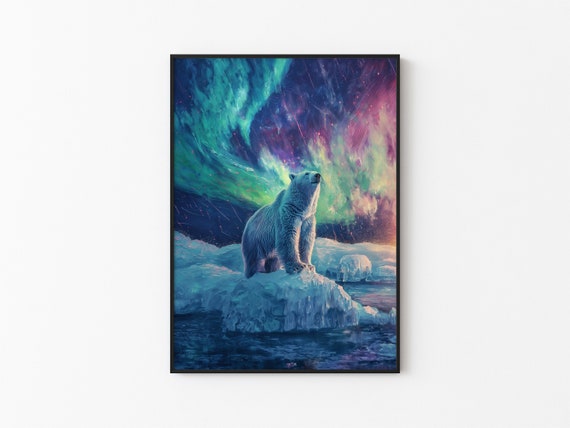 Aurora Borealis Wilderness Northern Lights Instant Art Poster Polar Bear Versatile Sizes Colorful Impasto Print 10