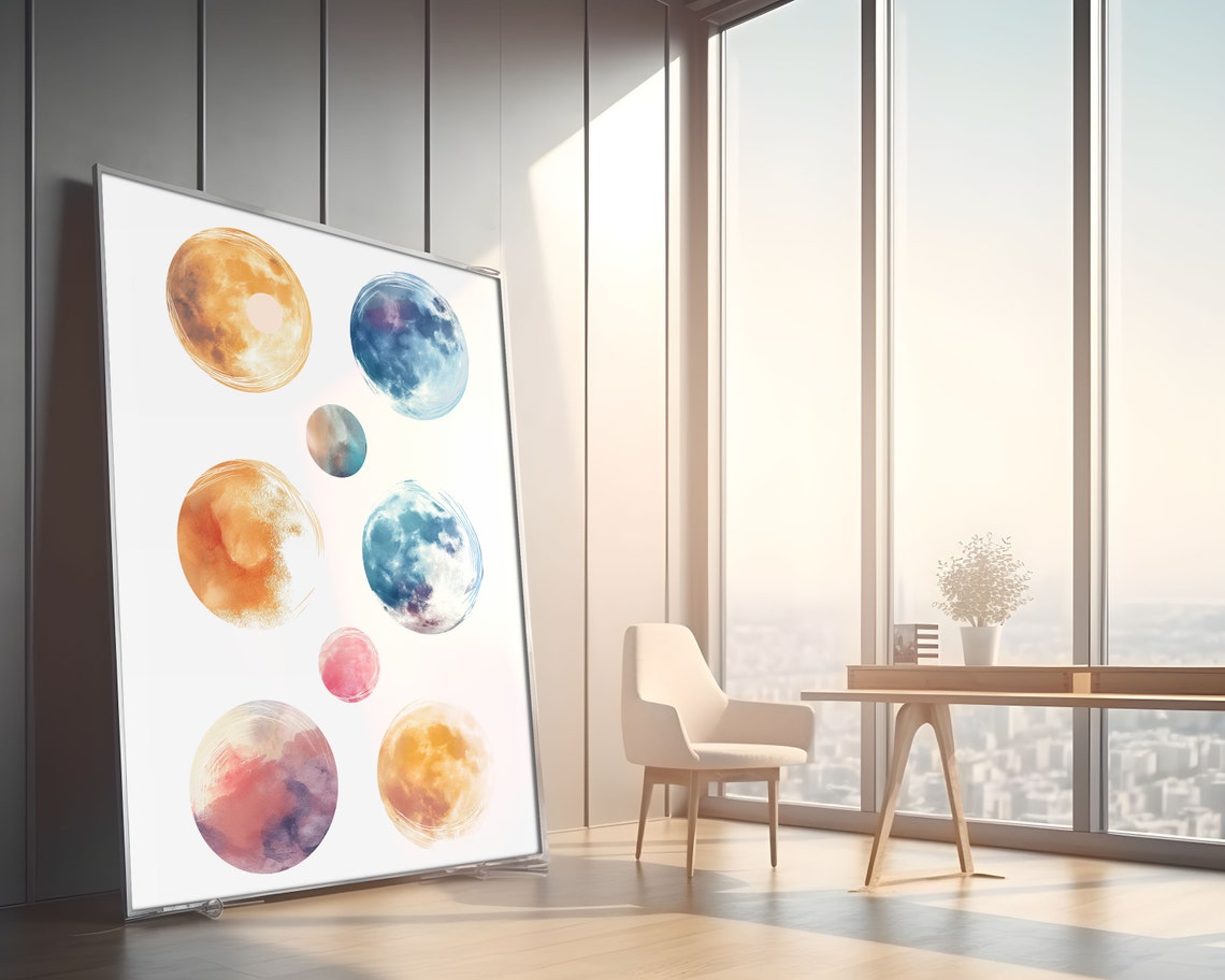 Abstract Watercolor Planet Study Six Textured Orbs White Art Print - Image 2