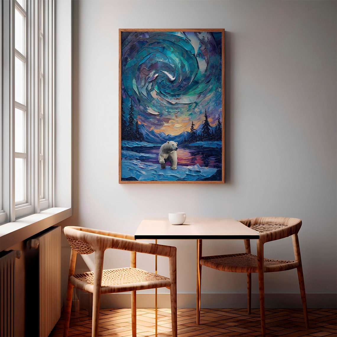 Polar Bear Walking on Ice Beneath Teal Aurora Spiral Sky Poster - Image 2