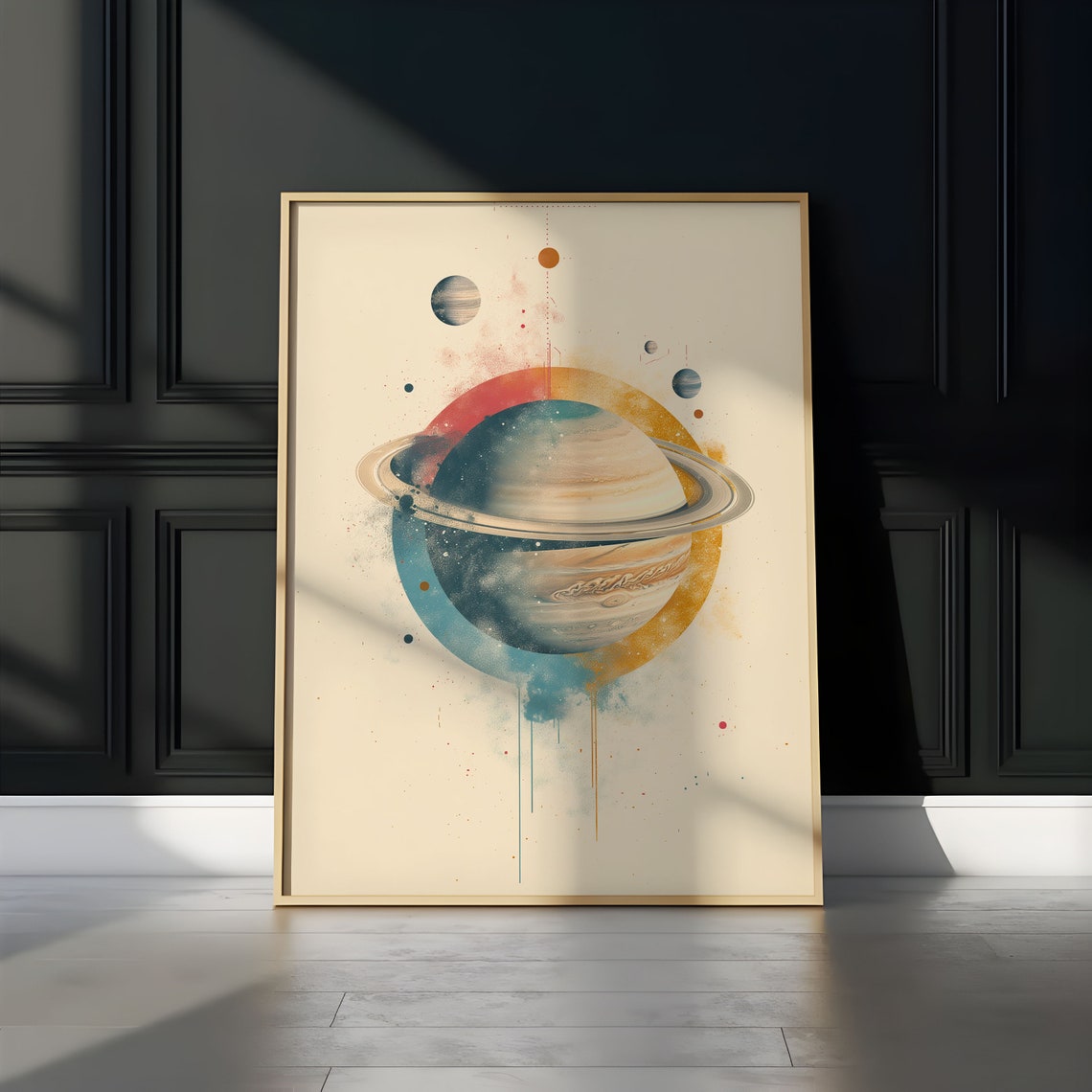 Saturn in Sunset Circle Teal Drip Watercolor Abstract Wall Art - Image 3