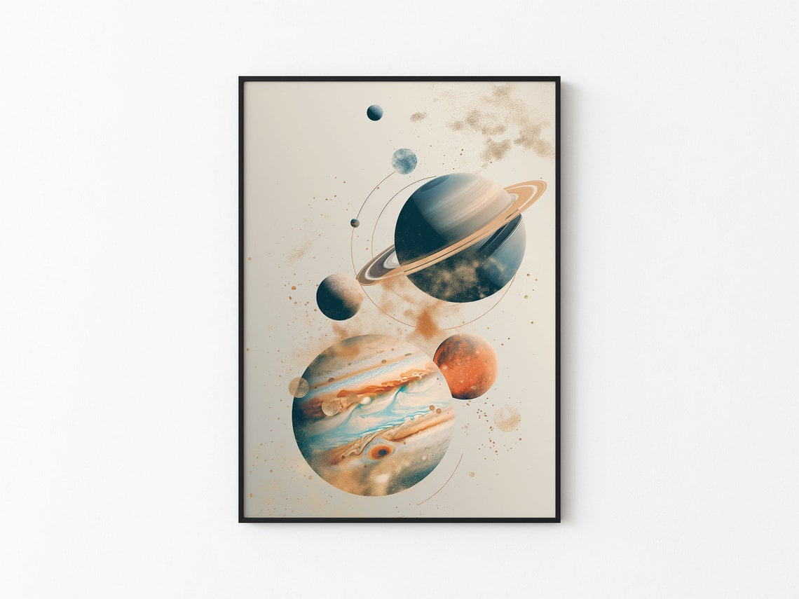 Ringed Planet Jupiter Watercolor Planets Gold Orbit Cream Art Poster