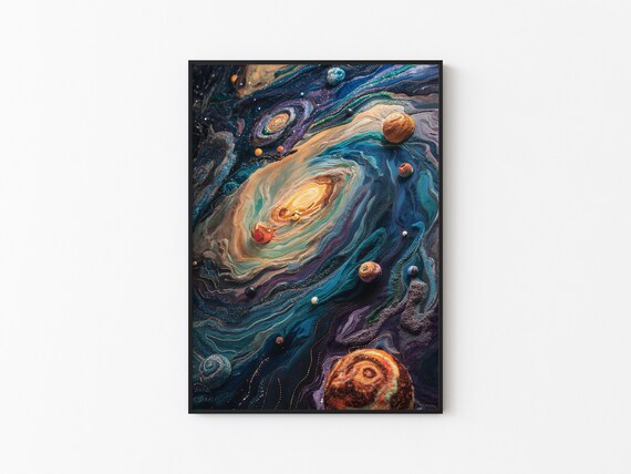 Teal Purple Swirling Nebula Planets Dark Starry Cosmic Poster