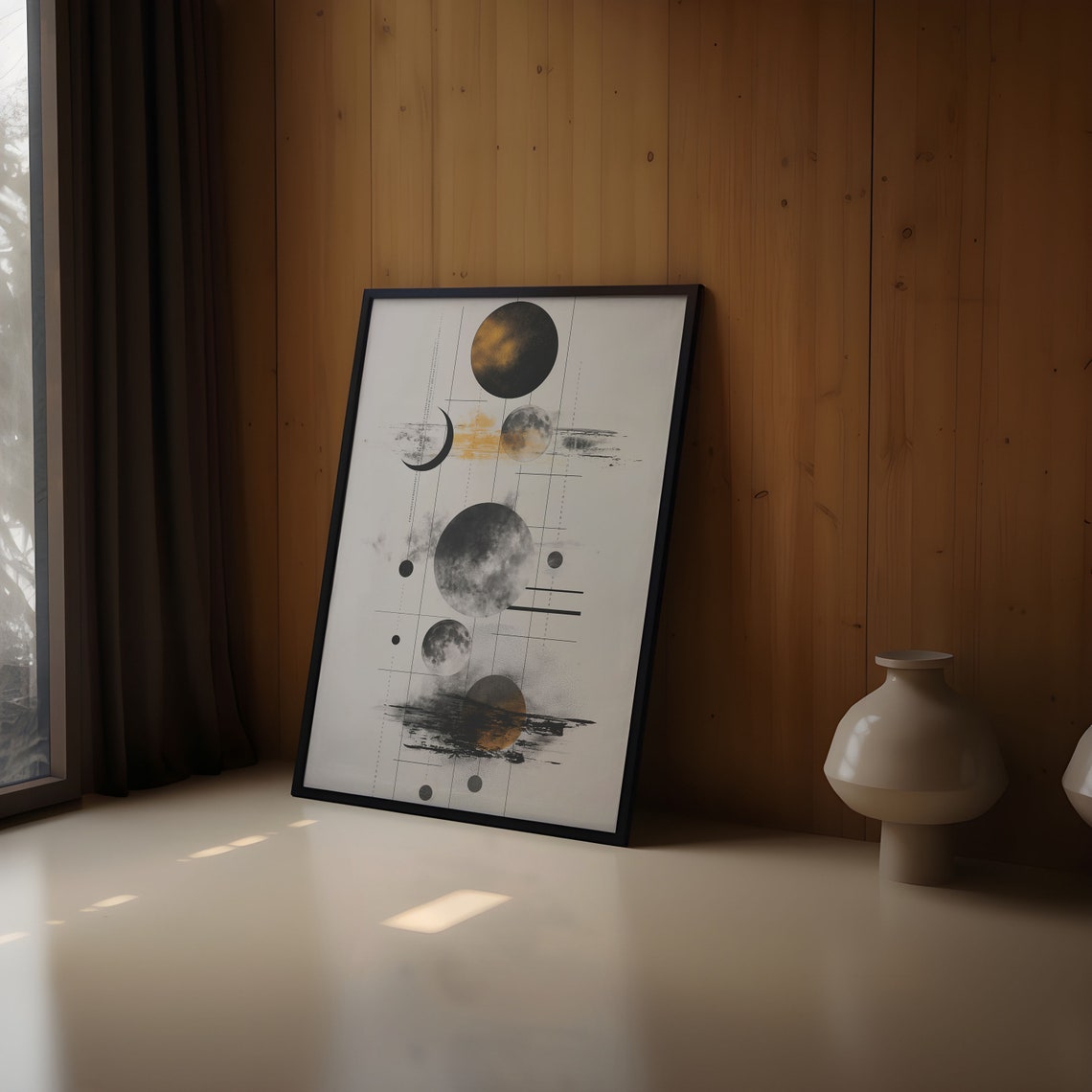 Scattered Moon Phases Ochre Wash Ink Brush Abstract Art Poster - Image 2