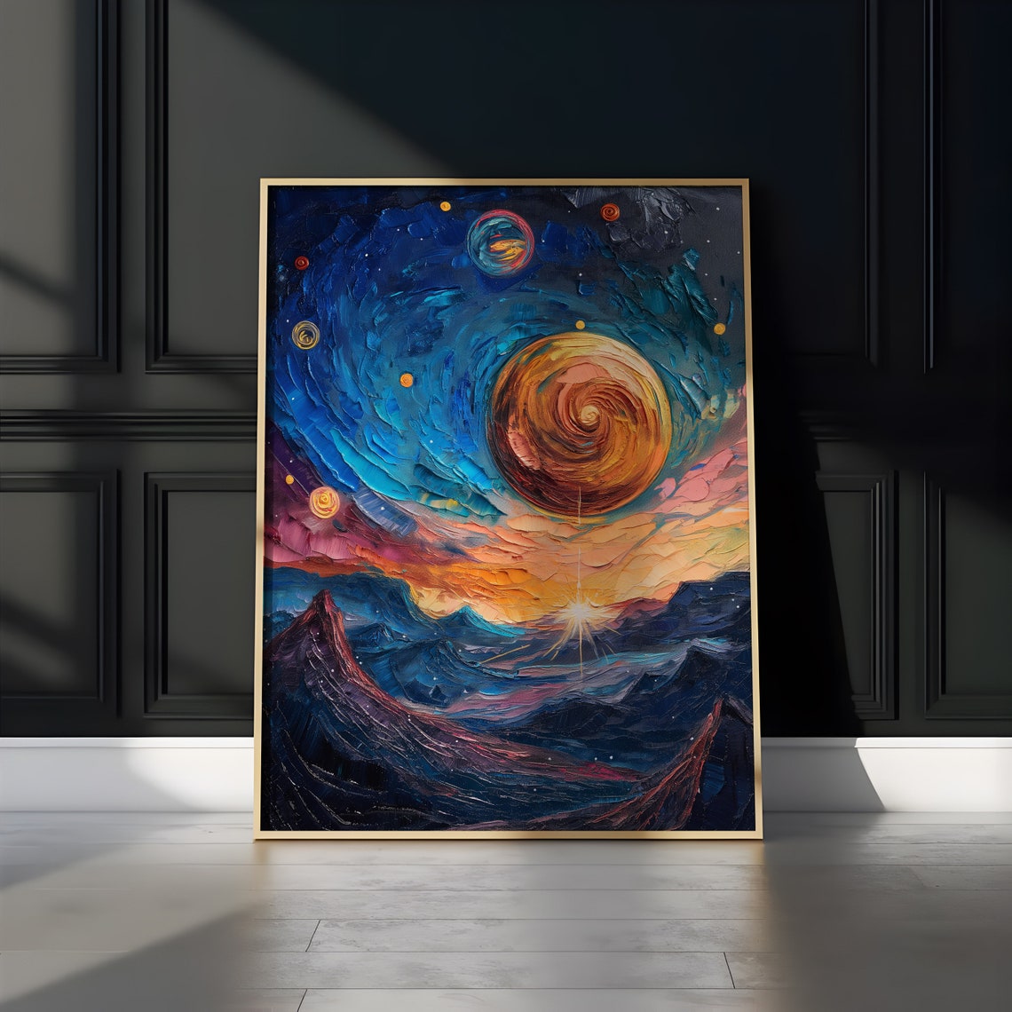 Amber Spiral Exoplanet Over Alien Mountain Nebula Sky Poster - Image 2