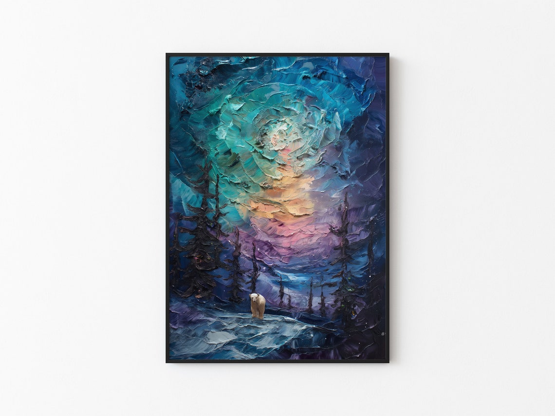 Aurora Borealis Wilderness Northern Lights Instant Art Poster Polar Bear Versatile Sizes Colorful Impasto Print 15