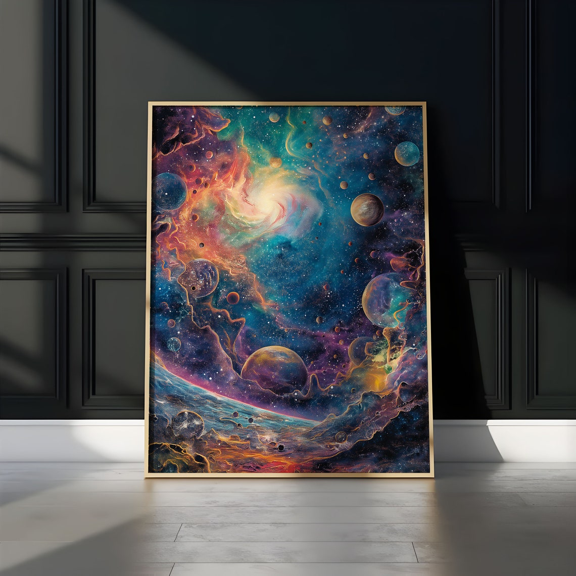 Rainbow Cosmic Nebula Many Planets Blue Sky Impasto Art Poster - Image 2