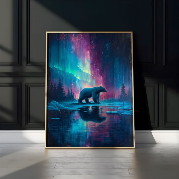 Aurora Borealis Wilderness Northern Lights Instant Art Poster Polar Bear Versatile Sizes Colorful Print 2