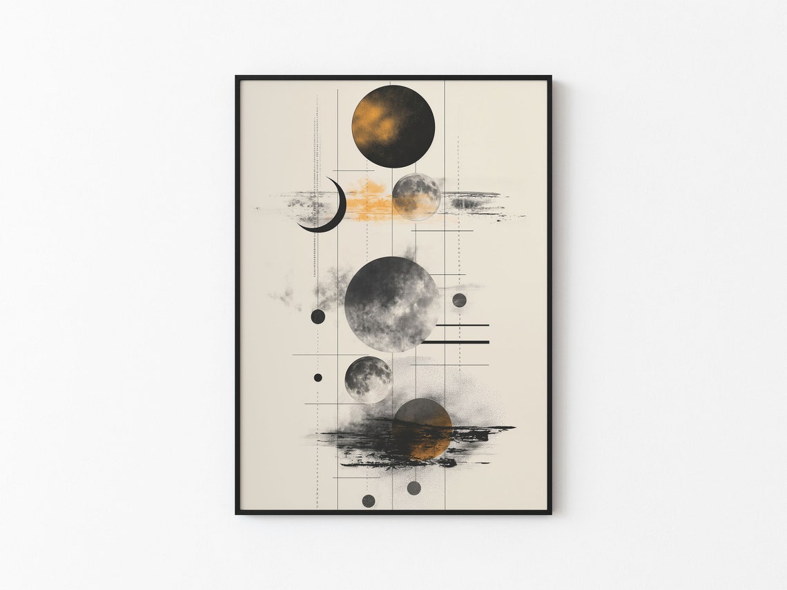 Scattered Moon Phases Ochre Wash Ink Brush Abstract Art Poster