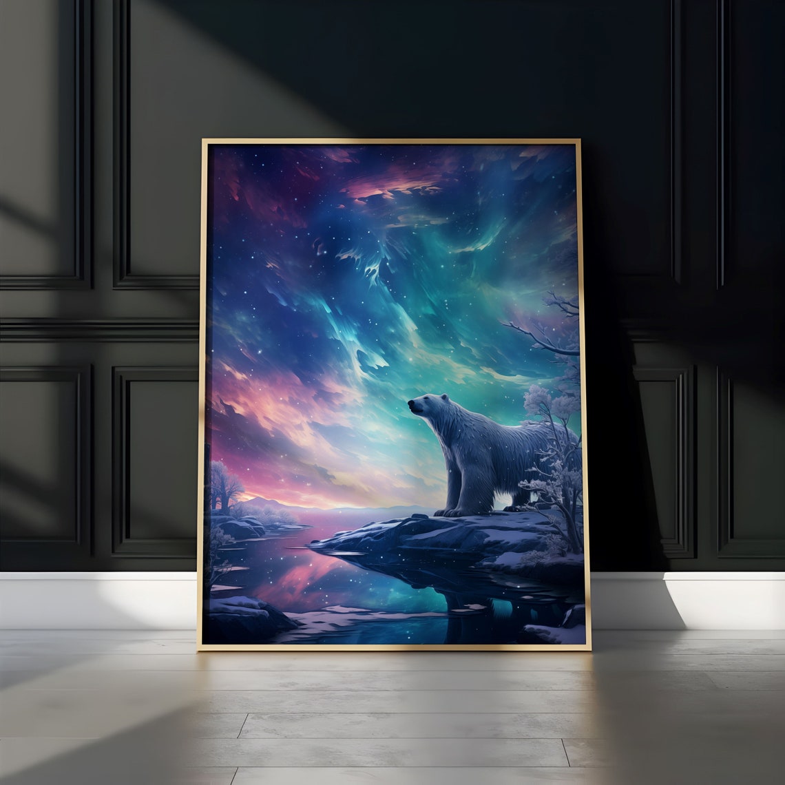 Polar Bear on Rocky Cliff Under Pink Teal Starry Aurora Poster - Image 3