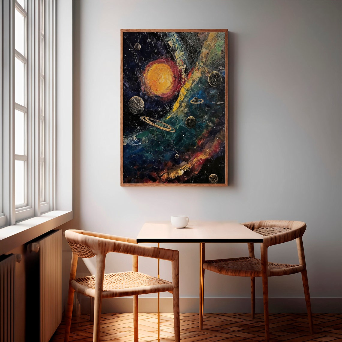 Ringed Planets Fiery Orange Sun Teal Sky Impasto Cosmic Poster - Image 2