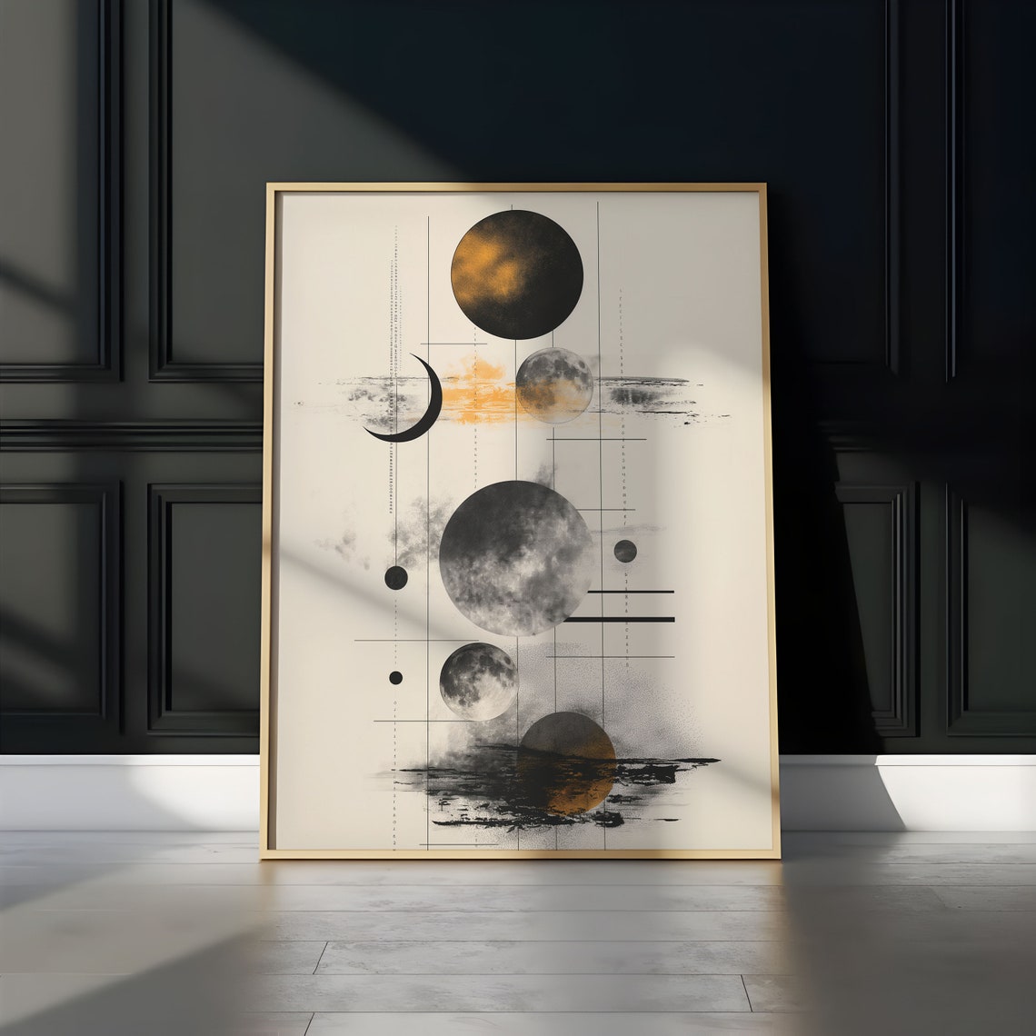 Scattered Moon Phases Ochre Wash Ink Brush Abstract Art Poster - Image 3