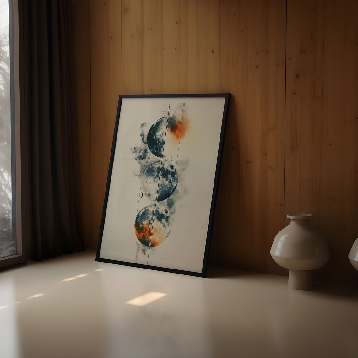 Split Light Dark Moon Trio Ink Splash Ember Abstract Art Poster - Image 3