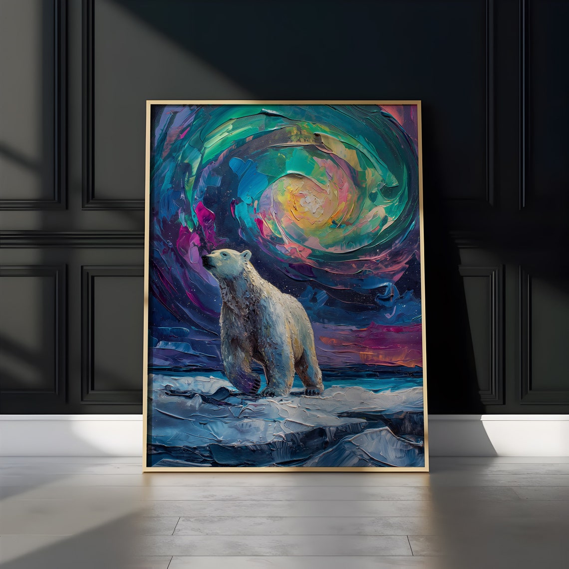 Polar Bear on Ice Floes Under Teal Purple Aurora Swirl Poster - Image 3