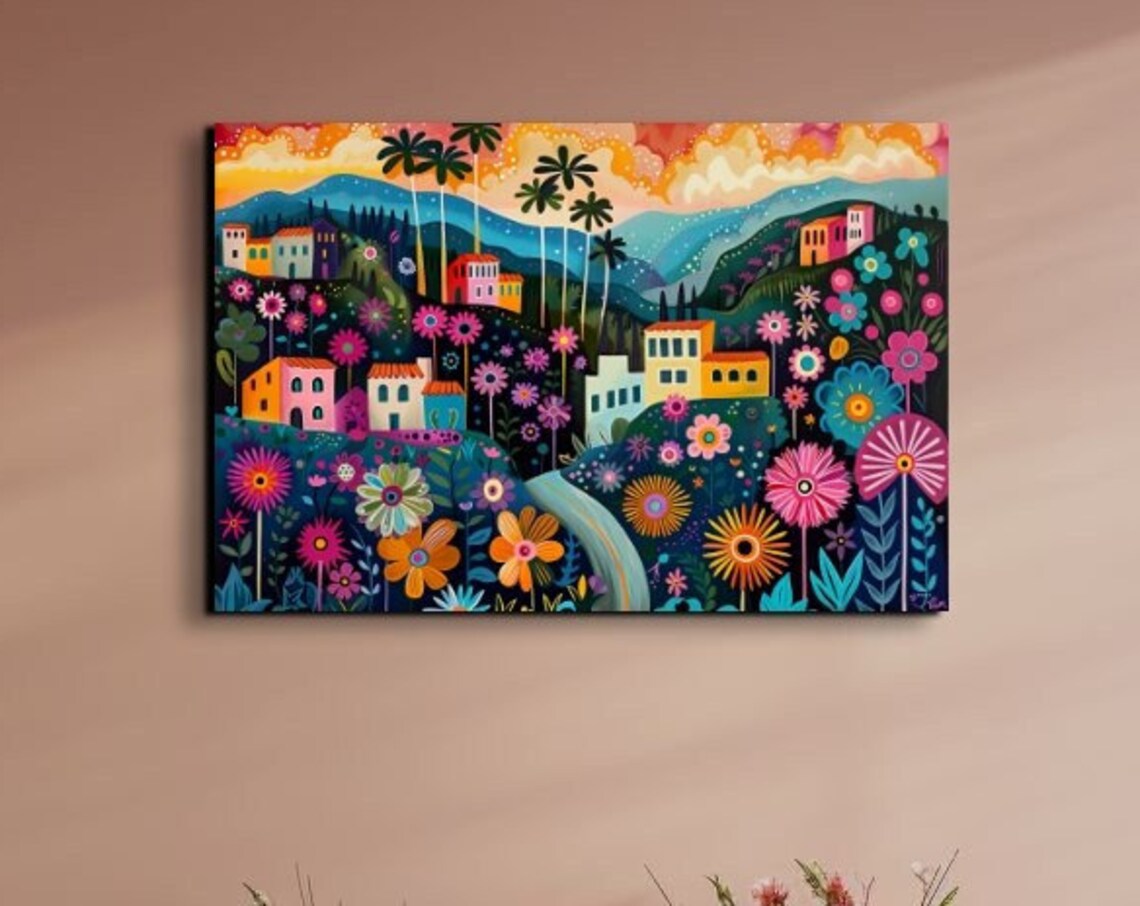 Colorful Mexican Village Flowers Folk Art Vibrant Floral Wall Print