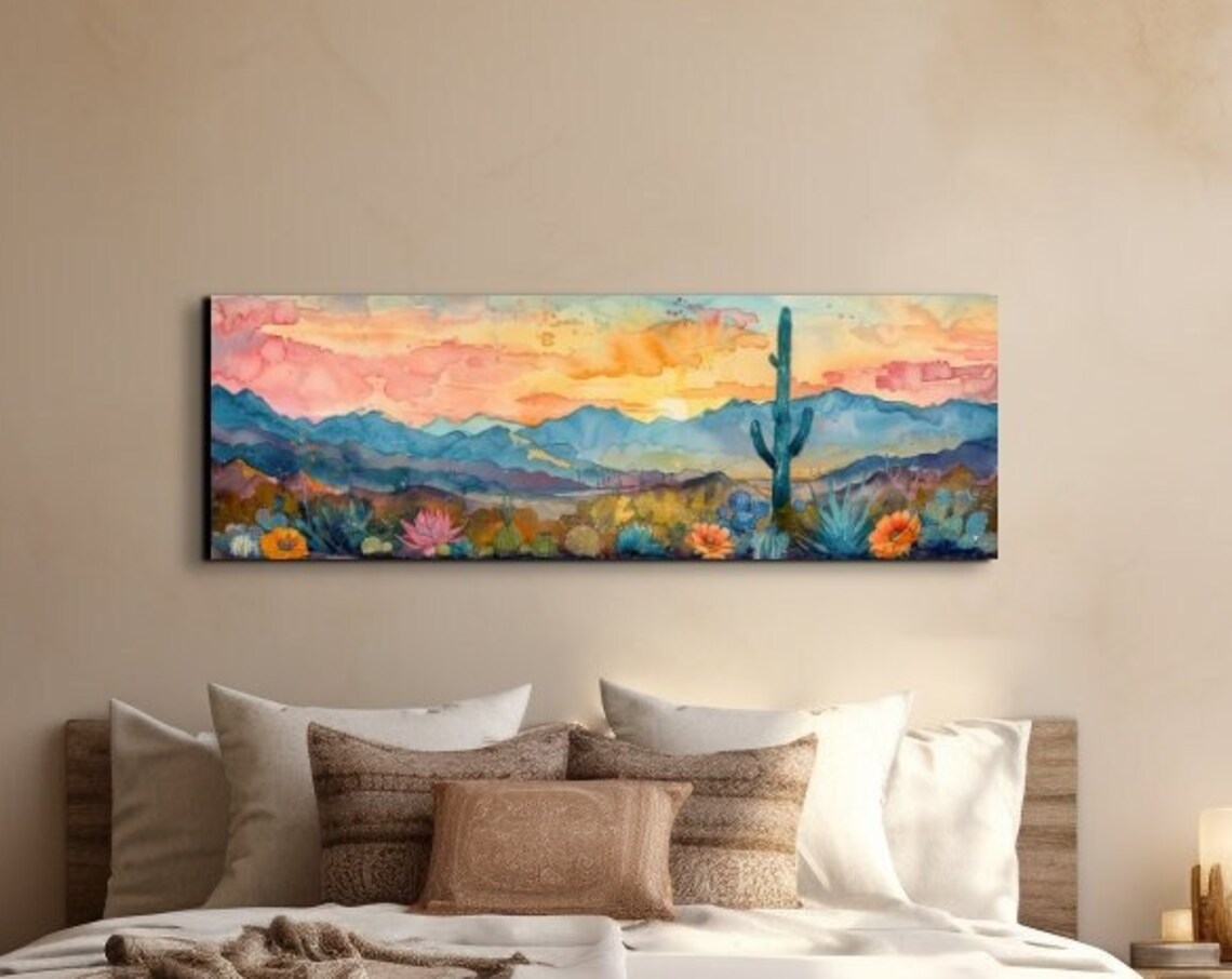 Desert Sunset Saguaro Cactus Wildflowers Watercolor Southwest Wall Art