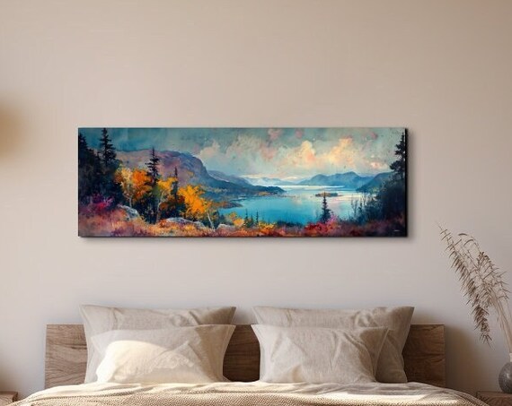 Panoramic Watercolor Mountain Lake Autumn Foliage Landscape Poster