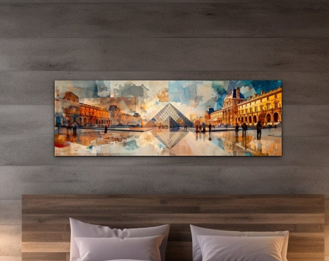 Louvre Museum Pyramid Paris Watercolor Painting Panorama Wall Art