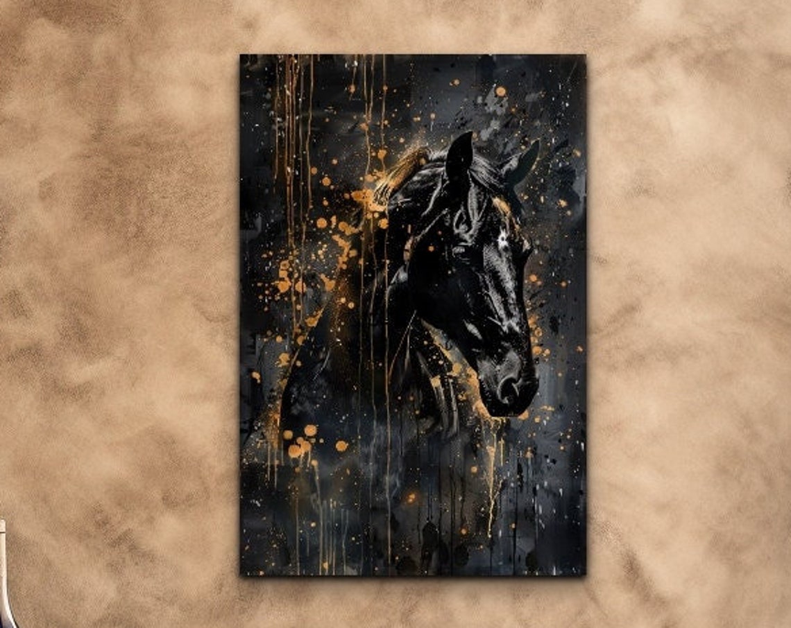 Black Horse Head With Gold Paint Splash Luxury Equestrian Poster