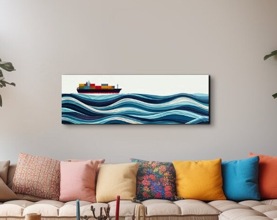 Minimalist Panoramic Cargo Ship On Layered Blue Ocean Waves Poster