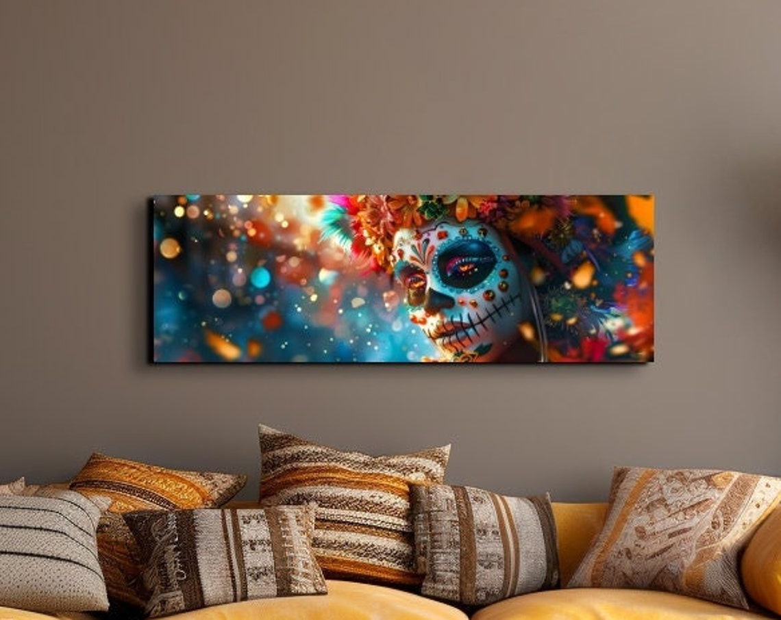 Day of the Dead Sugar Skull Woman With Floral Crown Panoramic Poster